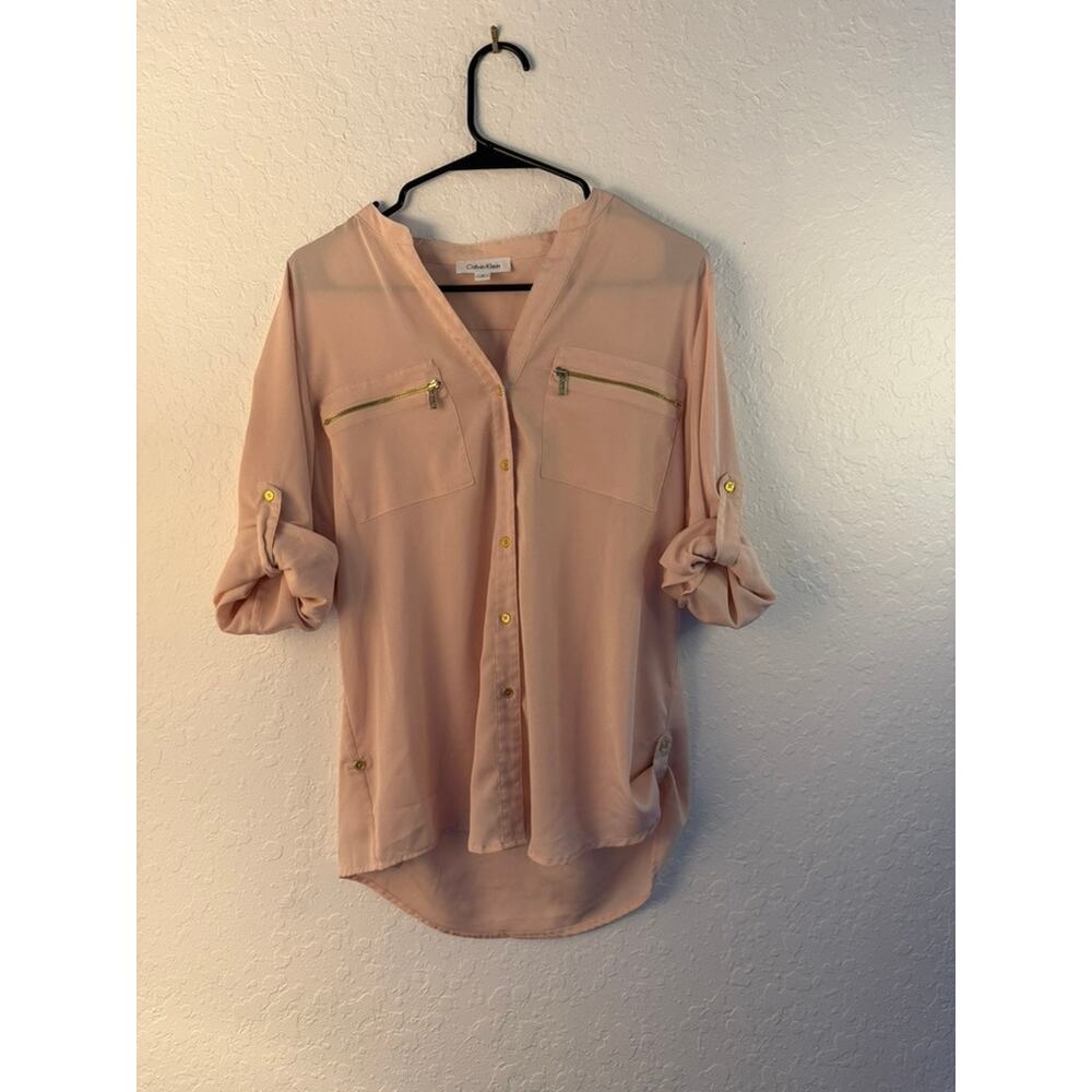 Calvin Klein Blush Pink Chiffon Button Down Tab Sleeve Blouse Size S